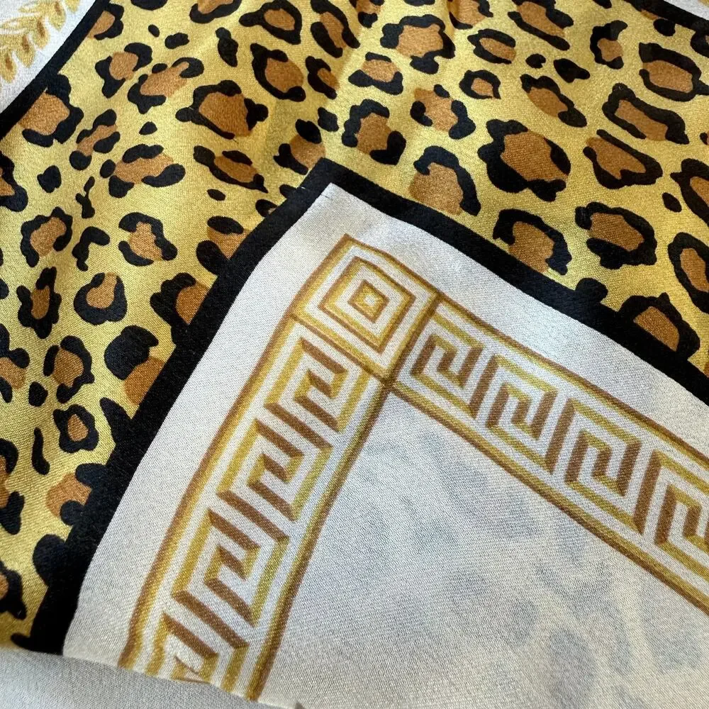Vintage Elaine Gold Silk Scarf - Leopard Print & Palm Fronds - 26”‎ Neckerchief